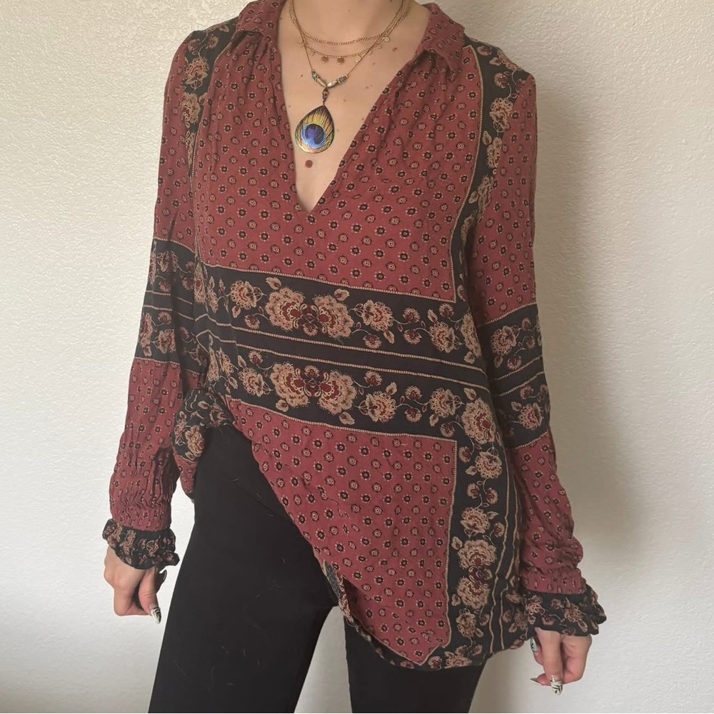 Free People Boho Floral Patchwork V-Neck Long Sleeve Blouse Top - Red Burgundy